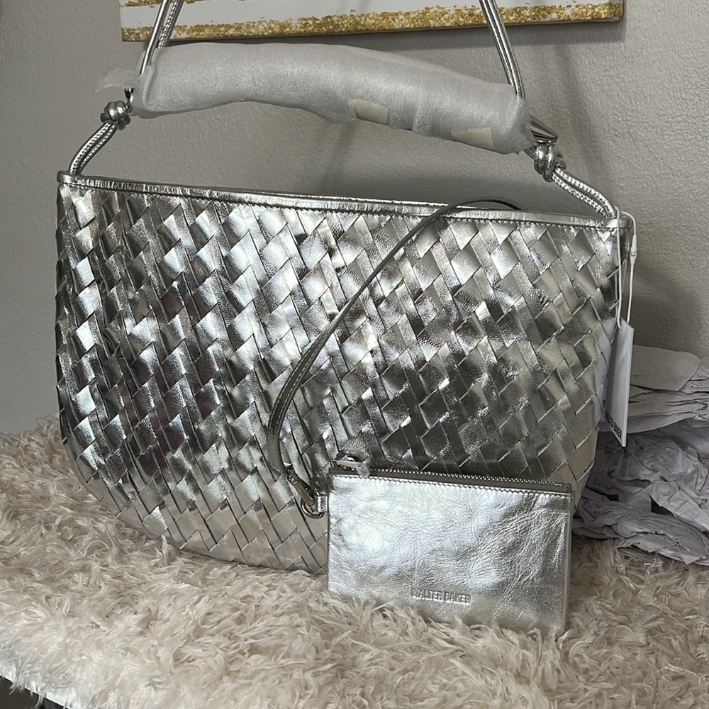 Walter Baker Large Hazel Silver Woven Hobo Bag with Matching Pouch - Picture 6 of 16